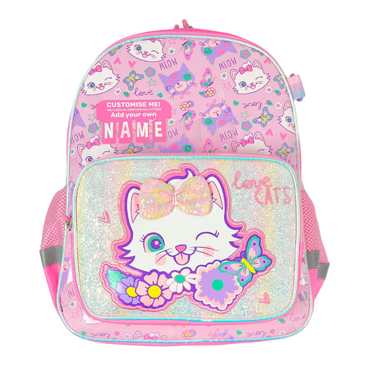 Kids cat backpack with personalised name — durable toddler, preschool, and primary school bag, perfect for nursery, school, and a fun Christmas gift for cat-loving children.
