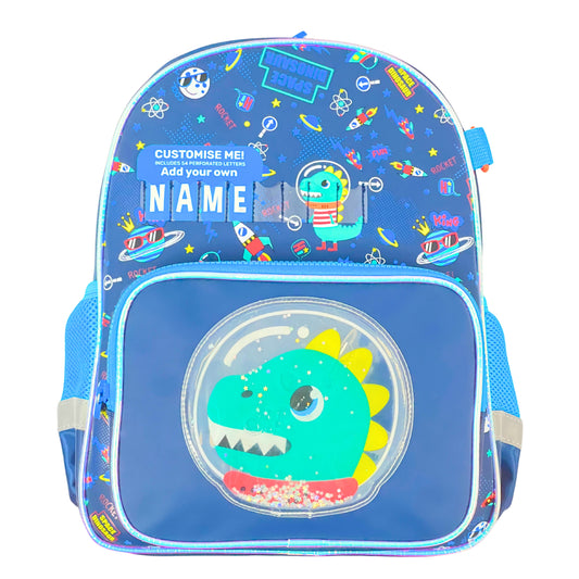 Personalised kids dinosaur backpack — cute and durable toddler, preschool, and primary school bag with custom name, ideal for nursery, school days, or as a fun Christmas gift for dino-loving boys and girls.
