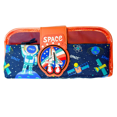 Kids space pencil case – durable and colourful, featuring rockets and stars. Great for storing stationery for school or home use.