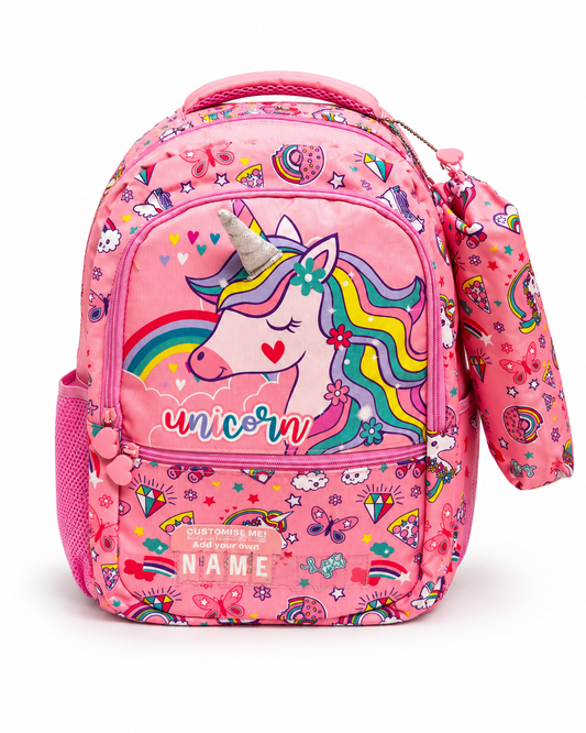 Unicorn name backpack set for girls – matching school bag and pencil case.