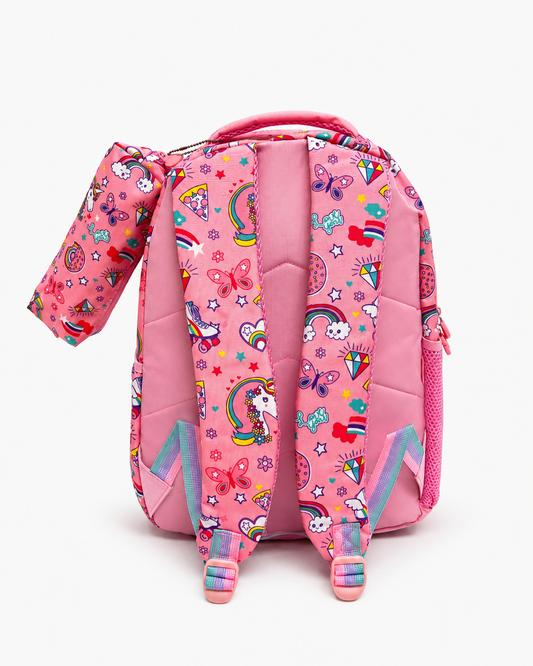 Unicorn personalised backpack and pencil case set for girls – custom name school kit.