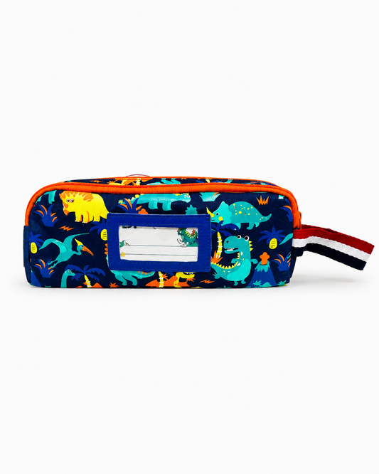 Custom name dinosaur pencil case – roomy and durable for pens, pencils and scissors.